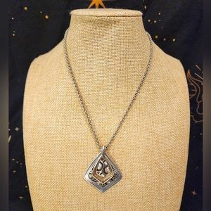 Vintage Brighton Retired Silver Scrolled Jeweled Double Sided Pendant Necklace